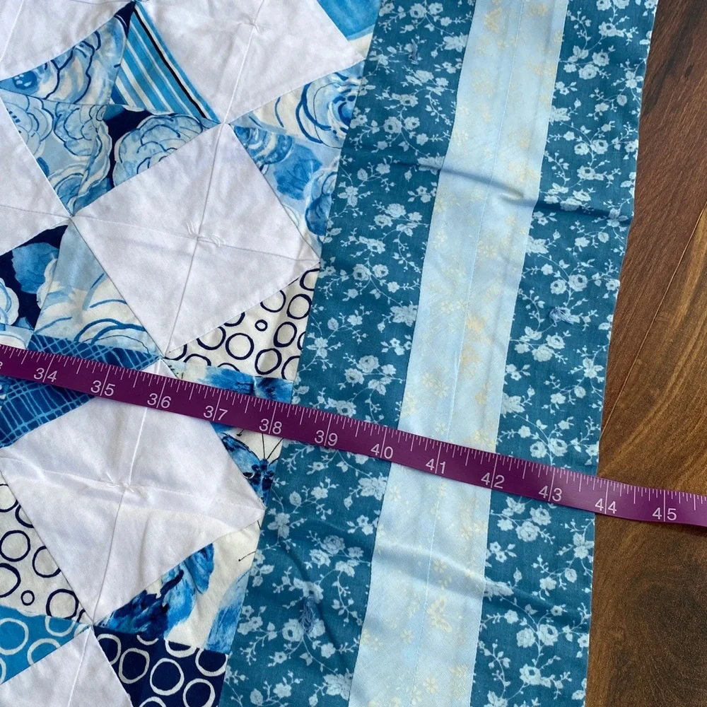 40”x44” Handmade Patchwork Knot Square Quilt Blue Florals Cotton
